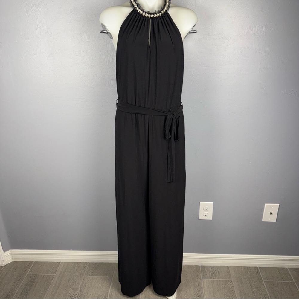 Betsey Johnson Romper Sz 10 Black Embellished Halter Pearl Collar Wide Leg *READ